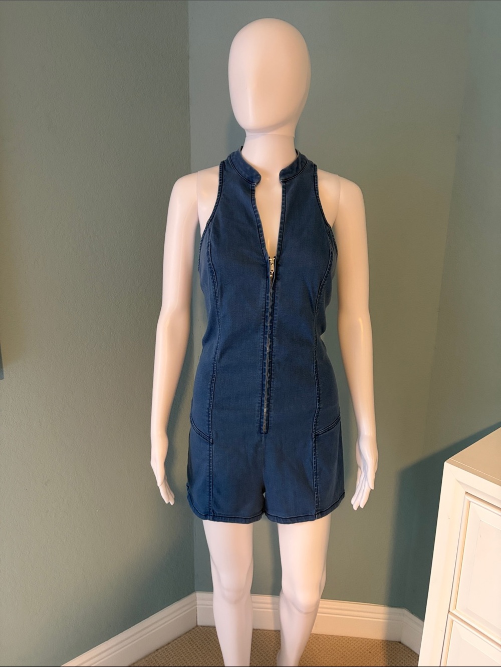 Guess short Blue Denim Romper with Front Zipper